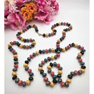 Vintage Painted Lucite Rondelle Bead Necklace Long 52 In Gold Splash Statement